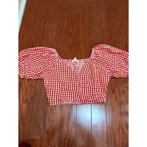 Sim & Sam Red Gingham Puff Sleeve Crop Top Smocked Back Surplice Blouse Small